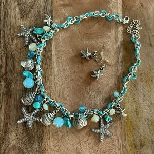 Silver and Blue Starfish Charm Necklace and Earring Set